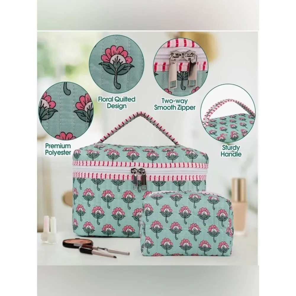 NEW Floral Quilted Cosmetic Train Case Set - Pink & Mint